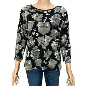 Jess And Jane Cartoon Cat Print Tshirt Medium Rhinestone 3/4 Sleeve Black Artsy